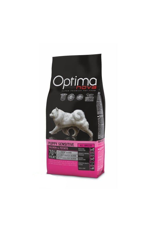 Optima Nova Puppy Sensitive Salmón y Patata, ¡una bolsa grande de 12 kilos de comida suavecita para cachorritos! ¡Con sabor a pescado!