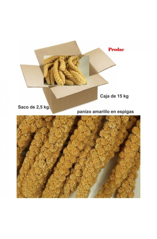 Caja de 2,5 kg de Panizo en Espigas Prodac, semilla natural y nutritiva, ideal para aves como canarios y otras especies, que proporciona una fuente de energía y estimula el comportamiento natural de picoteo