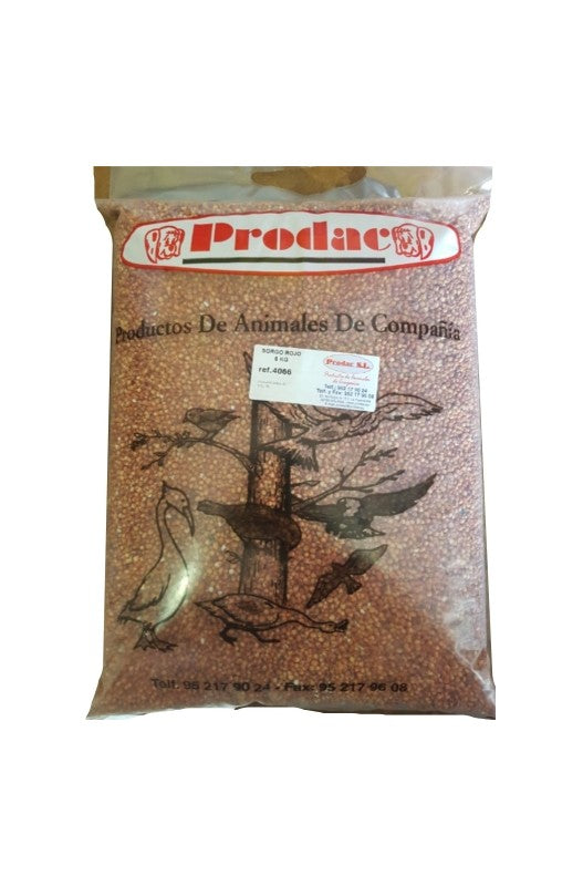 Saco de 5 kg de Sorgo Rojo, semilla nutritiva rica en carbohidratos, ideal para la alimentación de aves, proporcionando energía y apoyando una dieta equilibrada.