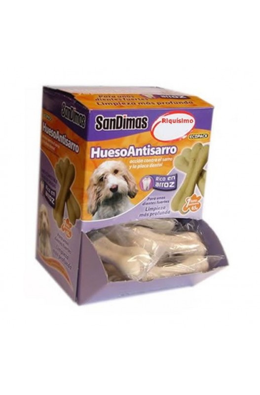 Hueso Antisarro M, una caja con 40 huesitos, cada uno de 40 gramos. ¡Para que los dientes de muchos perritos estén limpios!