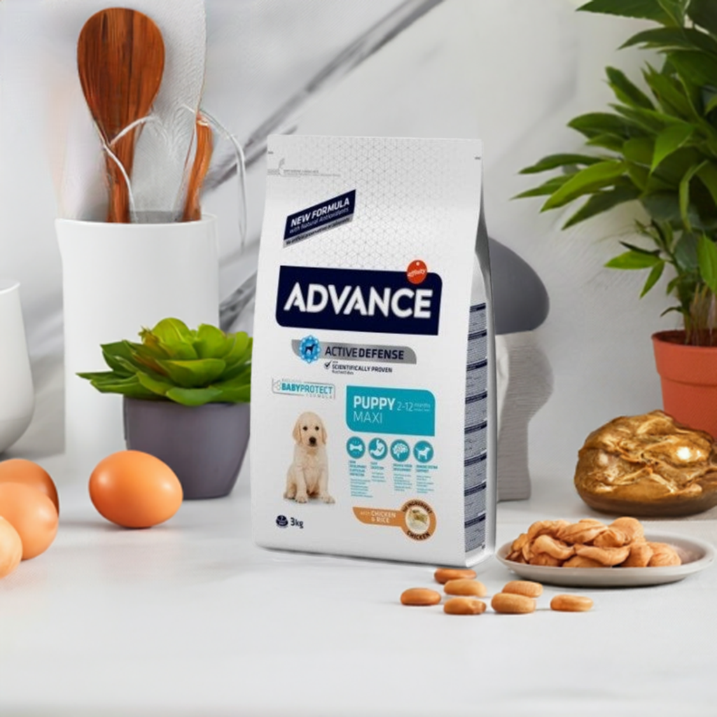 Este es Advance Puppy Maxi, un alimento nutritivo en una bolsa de 3 kilos, ideal para cachorros de razas grandes en crecimiento.