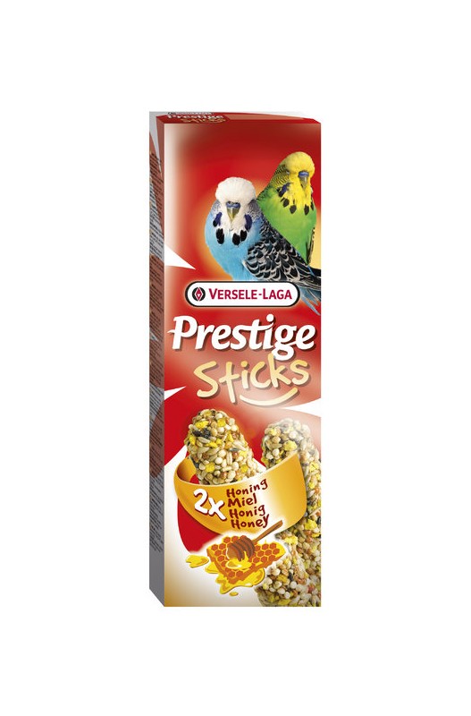 Paquete con 2 barras de miel para periquitos Prestige, golosina nutritiva y deliciosa, ideal para complementar la dieta de los periquitos.