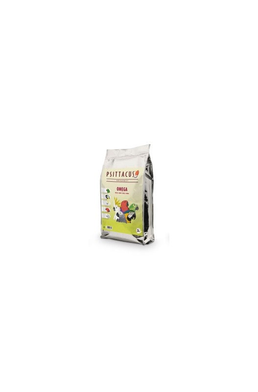 Psittacus Pienso Omega Bolsa 3 kg, alimento completo y equilibrado para loros, enriquecido con ácidos grasos omega, vitaminas y minerales esenciales para favorecer la salud, el sistema inmunológico y un plumaje brillante.
