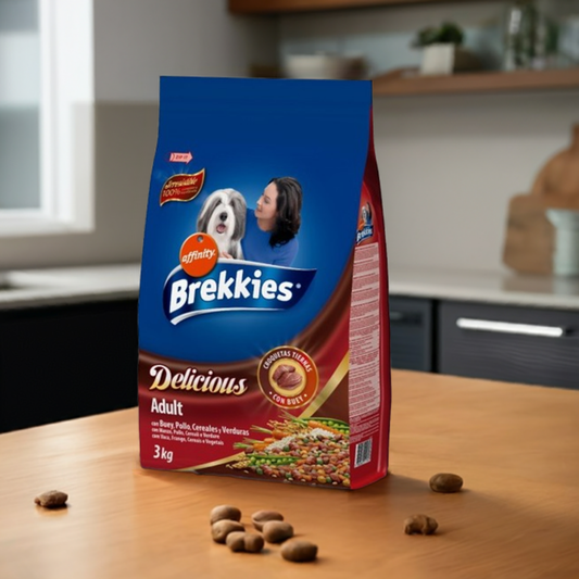 Brekkies Delicious Buey, una comida hecha para que tu perrito disfrute comiendo. ¡Bolsa de 3 kilos!

