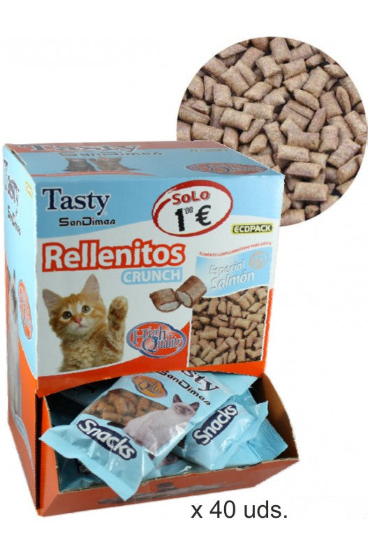 Rellenito Crunch Cat Salmón, ¡una caja con 40 bolsitas de premios crujientes para gatitos! ¡Cada bolsita tiene 50 gramos y saben a pescadito!

