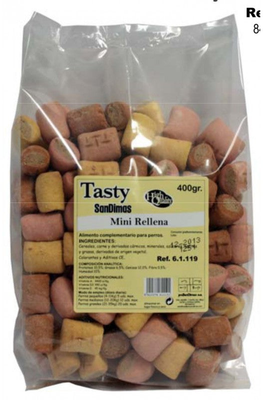 Galletas Tasty Mini Rellenas, pequeñas galletas con relleno sabroso para consentir a tu mascota. Bolsa de 400 gramos de San Dimas.



