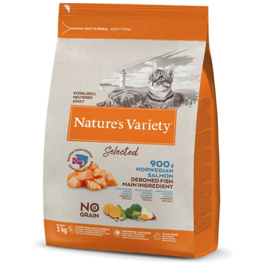 Nature's Variety Cat Selected Sterilized Salmón 3 kg – Alimento seco para gatos esterilizados con salmón, fórmula equilibrada para el cuidado del peso y la salud