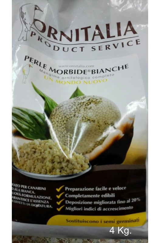 Perle morbide bianche 4 kg, alimento altamente nutritivo y delicado, ideal para aves, proporcionando una fuente de energía y favoreciendo una dieta equilibrada y saludable.