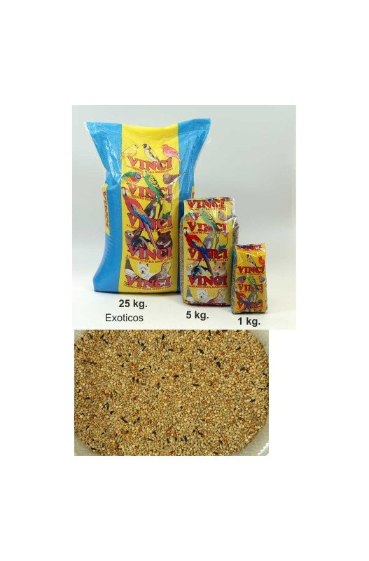 Saco grande de 25 kg de alimento para exóticos Vinci. Una mezcla equilibrada y nutritiva para aves exóticas de diferentes especies. ¡Un complemento ideal para su dieta!