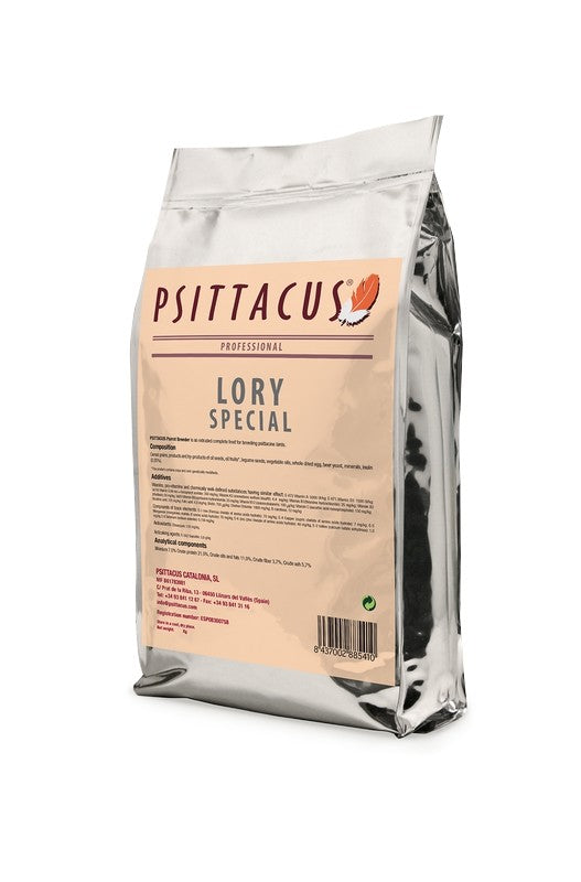 Saco de 5 kg de PSITTACUS LORY SPECIAL PAPILLA, alimento en polvo especialmente formulado para loris y lorikeets, ideal para el desarrollo y nutrición de aves jóvenes.