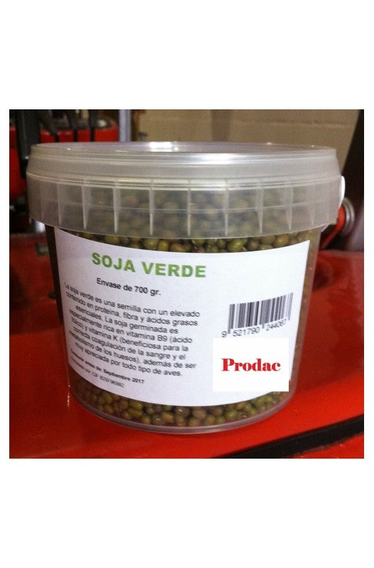 Tarrina de 700 g de Soja Verde, fuente rica en proteínas y nutrientes esenciales, perfecta para complementar la dieta de aves y favorecer su desarrollo y energía