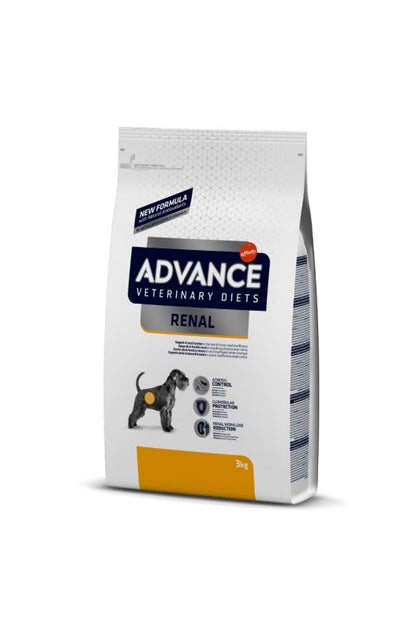 Este paquete contiene 3 kilos de comida especial para perros adultos que necesitan cuidar sus riñones. Son unas bolitas secas de la marca Advance, y tu veterinario te puede decir si este alimento es bueno para tu perrito. ¡Es importante seguir las indicaciones de los expertos para que tu mascota esté sana!

