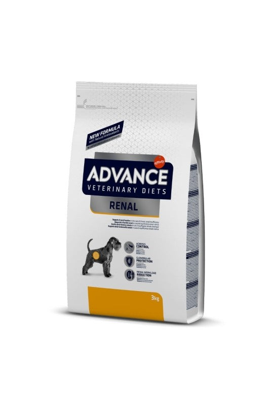 Este paquete contiene 3 kilos de comida especial para perros adultos que necesitan cuidar sus riñones. Son unas bolitas secas de la marca Advance, y tu veterinario te puede decir si este alimento es bueno para tu perrito. ¡Es importante seguir las indicaciones de los expertos para que tu mascota esté sana!


