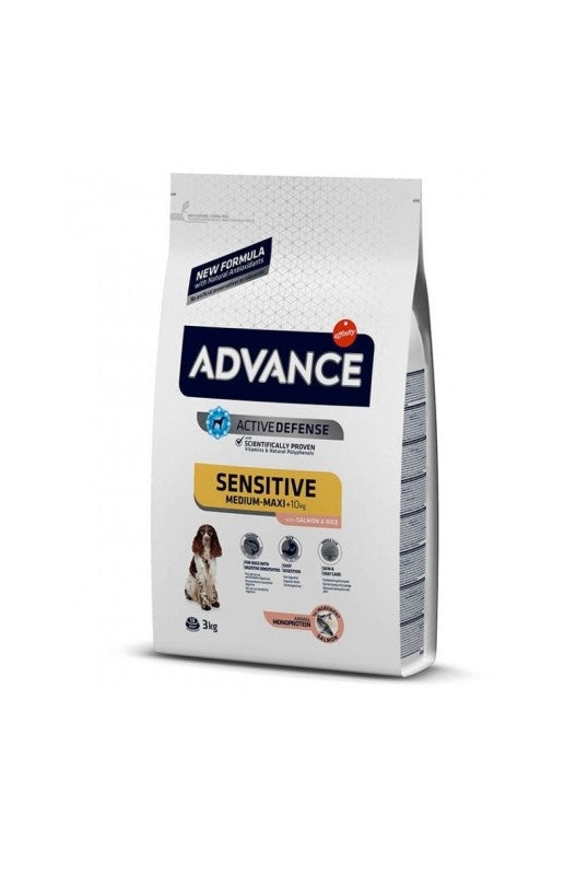 bolsa Advance Sensitive Salmón, ¡una bolsita de 3 kilos de comida suavecita para perritos con pancitas un poco especiales! ¡Tiene un rico sabor a salmón!

