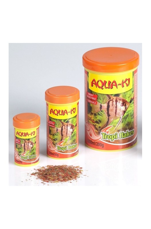 Aqua-Ki Tropi Flakes, bote de 250 ml (50 gramos) en forma de escamas. ¡Comida rica para tus peces de colores!
