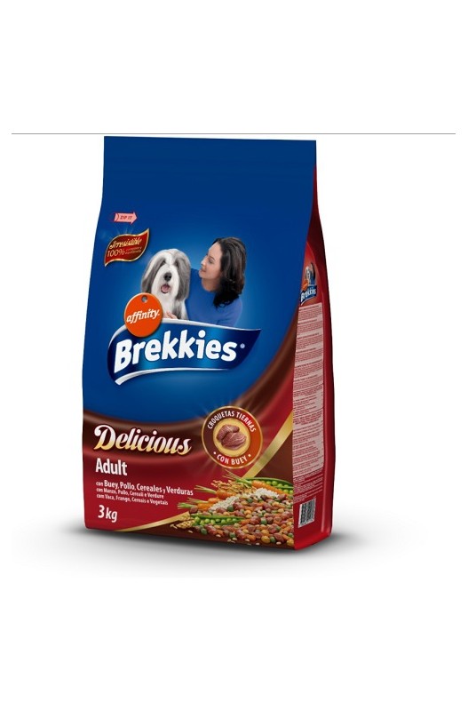 Brekkies Delicious Buey, ¡una bolsa de 3 kilos de comida rica para tu perrito! ¡Sabe a carne!

