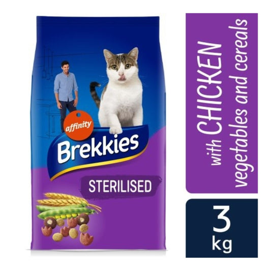 Brekkies Cat Esterilizado Pollo 3 kg, alimento completo y equilibrado para gatos esterilizados, con delicioso sabor a pollo