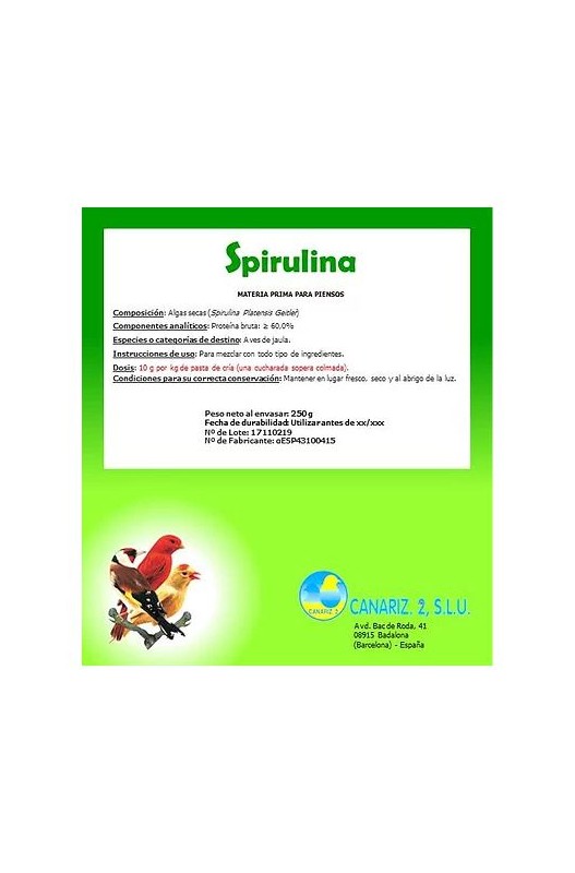 Espirulina Canariz 250 gr. – Suplemento nutritivo en polvo a base de espirulina, ideal para mejorar la salud y el bienestar de canarios y otras aves. Rico en proteínas, vitaminas y minerales, favorece la energía, el plumaje y el sistema inmunológico de las aves