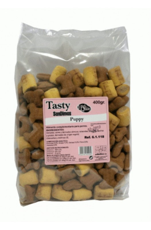 Galletas Tasty Puppy, un snack especialmente diseñado para cachorros en crecimiento. Bolsa de 400 gramos de San Dimas.

