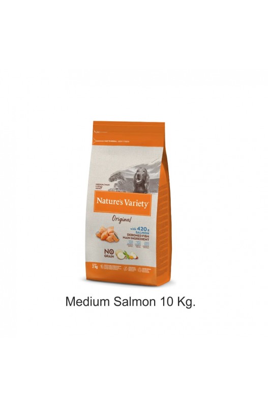 Nature's Variety Original Medium Salmón, ¡una bolsa grandota de 10 kilos de comida rica para perritos medianos! ¡Sabe a pescadito!

