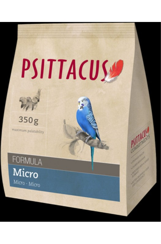 aquete de 350 g de PSITTACUS Pienso Micro, alimento completo y equilibrado para periquitos, diseñado para su nutrición diaria y bienestar