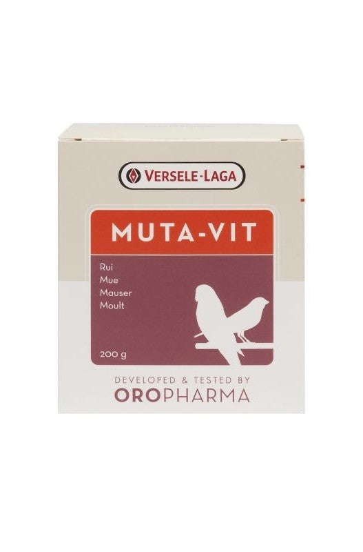 Alt image text: MUTA-VIT 200 GR. Oropharma - Suplemento vitamínico para aves en proceso de muda, que ayuda a mantener su bienestar y plumaje saludable.