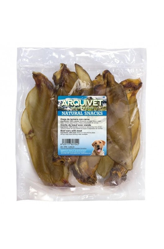 Orejas de ternera con carne, bolsa de 25 unidades. ¡Un snack natural y masticable para tu perro!

