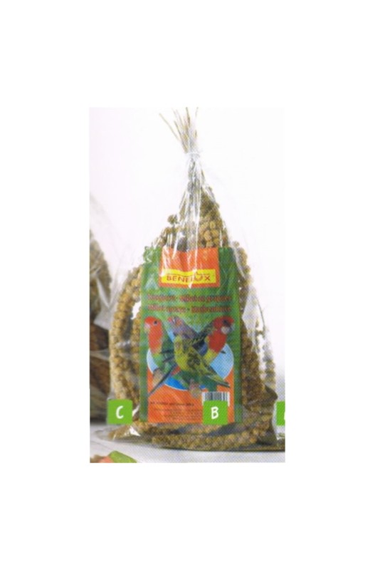 Panizo en espigas 240 gr Prodac, semilla natural y nutritiva, ideal para aves, proporcionando una fuente de energía y estimulando el comportamiento natural de picoteo.