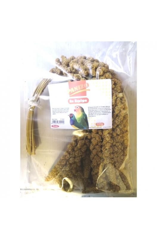 Panizo en espigas 500 gr Prodac, semilla natural y nutritiva, ideal para aves, proporcionando una fuente de energía y estimulando el comportamiento natural de picoteo.