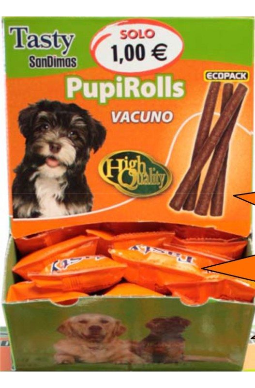 Sticksrolls de vacuno, bolsa de 55 gramos con 6 unidades, caja de 40 bolsas. ¡Snacks deliciosos y masticables para tu perro!

