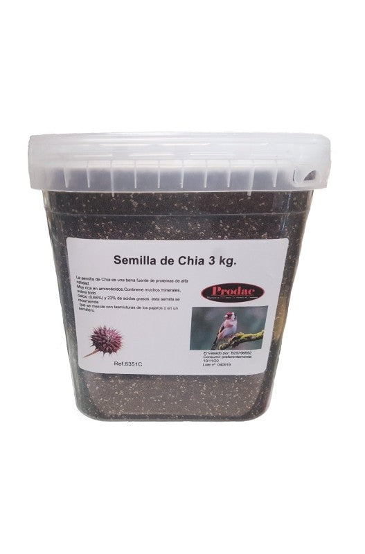Tarrina de 550 g de Chía (Salvia Hispanica), semillas ricas en nutrientes, ideales para la alimentación de aves y otros animales, con beneficios para la salud y energía.
