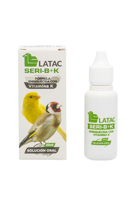 Flacone da 20 ml di SERI-B+K LATAC, integratore vitaminico per uccelli ornamentali, ricco di vitamine B e K per il benessere e la vitalità