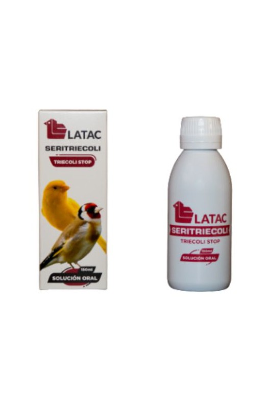 Flacone da 150 ml di LATAC SERITRICOLI, trattamento 100% naturale per eliminare tricomoniasi ed E. coli nelle aves ornamentali. Senza antibiotici, altamente efficace per prevenzione e cura