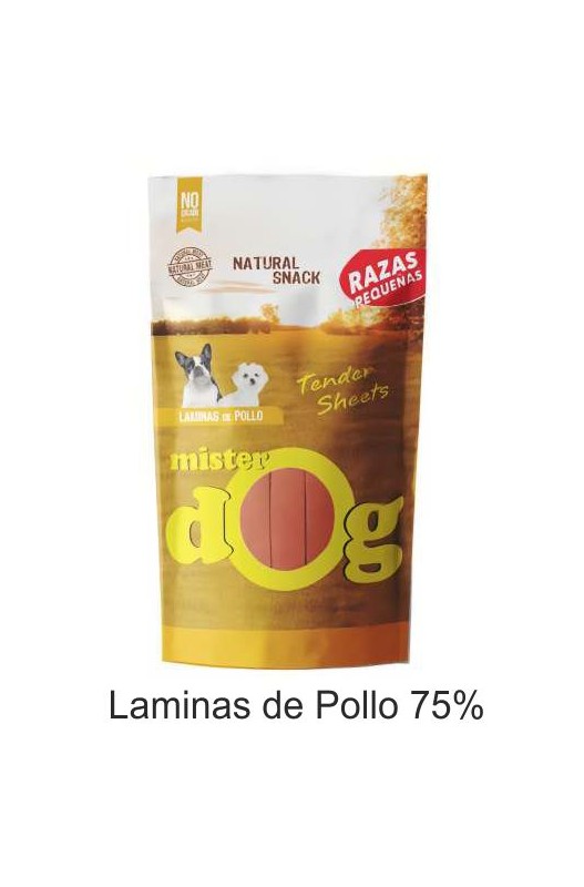 Snack Láminas de Pollo Mister Dog, ¡una bolsita de 70 gramos de premios ricos para tu perrito! ¡Saben a pollo!

