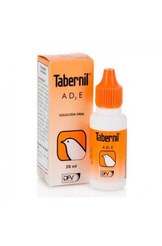 Frasco de 20 ml de TABERNIL AD3E, suplemento vitamínico con vitaminas A, D3 y E para aves, ideal para mejorar la salud y el sistema inmunológico