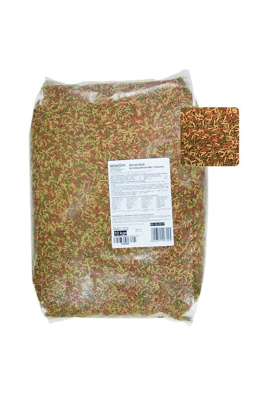 bolsa Se trata de un envase de 10 kilogramos de alimento en forma de sticks de colores, especialmente formulado para tortugas acuáticas y diversos reptiles. Este producto proporciona una nutrición equilibrada para el correcto desarrollo y mantenimiento de estas mascotas.