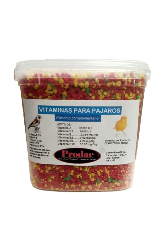 Envase de 400 g de Vitaminas para Pájaros Prodac, suplemento nutritivo que aporta una mezcla equilibrada de vitaminas esenciales, promoviendo el bienestar, la vitalidad y el sistema inmunológico de las aves.