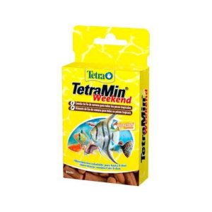 TETRAWEEKEND-20-STICKS un paquetito pequeño que contiene 20 palitos de comida. Estos palitos se llaman TetraWeekend y son especiales para tus peces. Si te vas de casa por un par de días, puedes echar algunos de estos palitos en el acuario y así tus peces tendrán algo para comer mientras no estás. ¡Es como darles un snack especial para el fin de semana!
