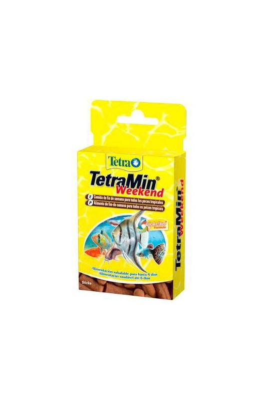 un paquetito pequeño que contiene 20 palitos de comida. Estos palitos se llaman TetraWeekend y son especiales para tus peces. Si te vas de casa por un par de días, puedes echar algunos de estos palitos en el acuario y así tus peces tendrán algo para comer mientras no estás. ¡Es como darles un snack especial para el fin de semana!