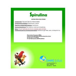 espirulina-canariz-250gr. Canariz Espirulina 250 gr. – Suplemento nutritivo en polvo a base de espirulina, ideal para mejorar la salud y el bienestar de canarios y otras aves. Rico en proteínas, vitaminas y minerales, favorece la energía, el plumaje y el sistema inmunológico de las aves