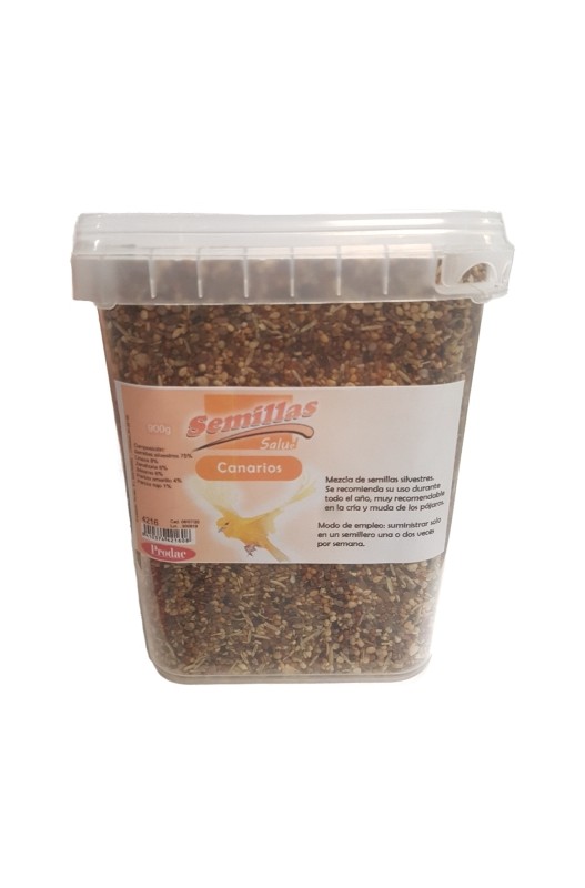 Paquete de 900 g de Semillas Salud Prodac, mezcla nutritiva de semillas de alta calidad, diseñada para ofrecer una dieta equilibrada que favorece la salud y el bienestar de las aves.