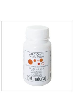 calcio-vit-perros-y-gatos-60comp-petnatura, a white bottle with a label