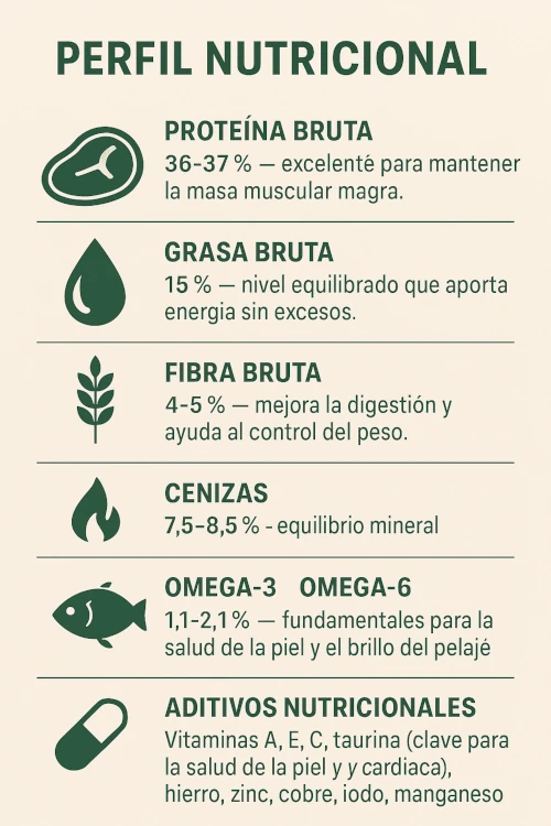 🔬 Perfil nutricional Proteína bruta: 36–37 % → excelente para mantener la masa muscular magra. Grasa bruta: 15 % → nivel equilibrado que aporta energía sin excesos. Fibra bruta: 4–5 % → mejora la digestión y ayuda al control del peso. Cenizas: 7,5–8,5 % → equilibrio mineral. Omega-3 (1,1–2,1 %) y Omega-6 (1,25–2,1 %) → fundamentales para la salud de la piel y el brillo del pelaje. info cat selected esterilized